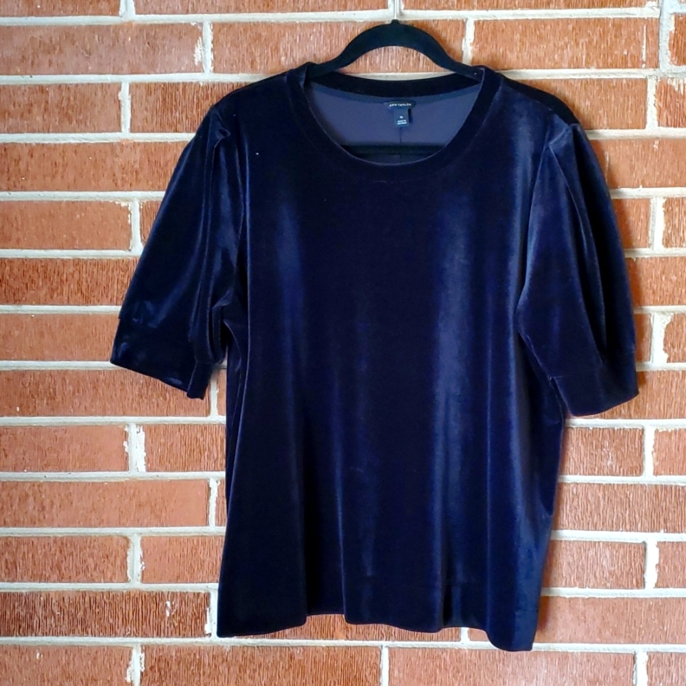 Ann Taylor Black Velour Slight Puff Sleeve Top